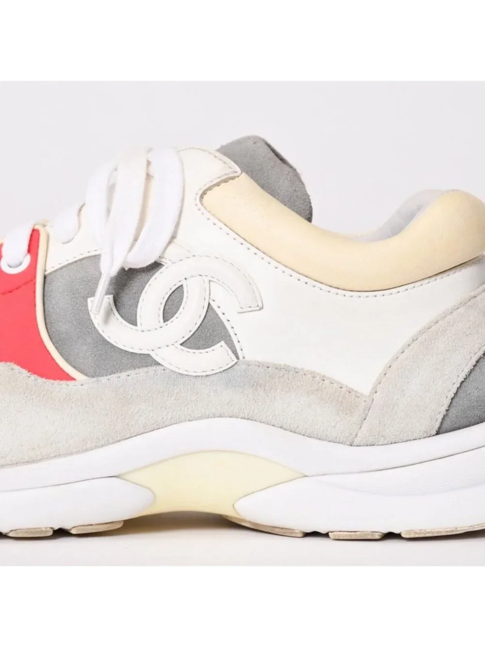 Chanel CC Logo Suede Sneakers White Gray